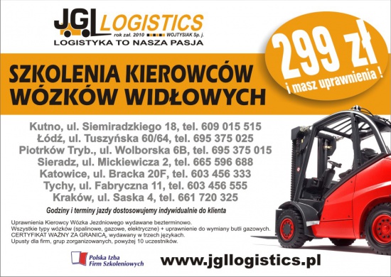 PROMOCJA 299 zł. - Kurs na wózki widłowe - KUTNO - Łęczyca