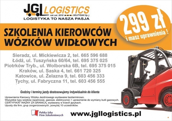 Kurs wózki widłowe Sieradz 299 zł Zduńska Wola Wieruszów